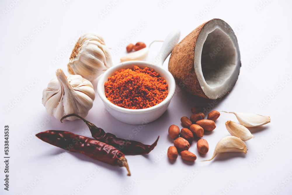 Dry garlic chutney made from red chilly and dry coconut and lahsun