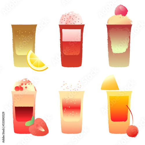 Bright set of drinks shooter glass. Vector image with texture and gradient set of alcoholic drinks. Drinks with berries. Glass of tequila, vodka, cocktail, shot drink. Vector illustration on white bac