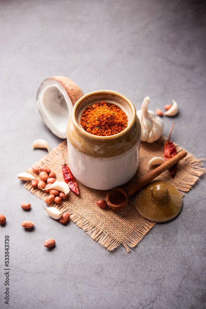 Dry garlic chutney made from red chilly and dry coconut and lahsun