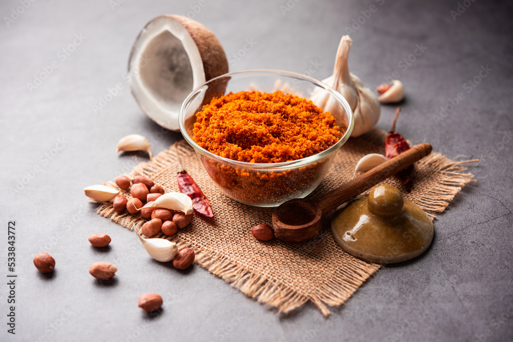 Dry garlic chutney made from red chilly and dry coconut and lahsun