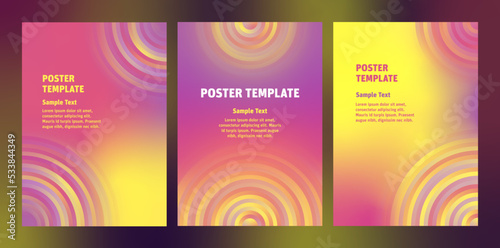 Set modern poster backgrounds with gradient blurry circles. Wallpaper backdrop template with wavy spiral textured blurry shapes. Multiple Swatches suggestions for easy Recolor Artwork.  © mariposo