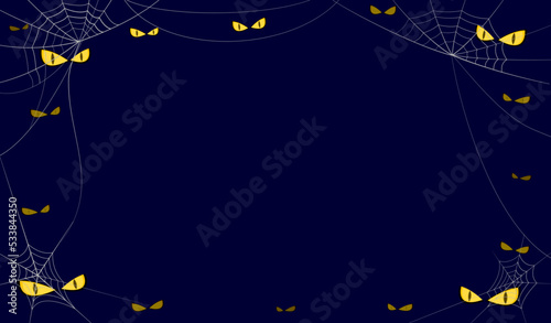 Happy Halloween banner vector illustration background, spooky monster ghost eyes hiding under spider cobweb at Halloween dark night with copy space, Autumn holiday celebration.