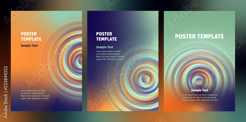 Set modern poster backgrounds with gradient blurry circles. Wallpaper backdrop template with wavy spiral textured blurry shapes. Multiple Swatches suggestions for easy Recolor Artwork.