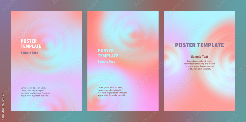 Fototapeta premium Set colorful abstract posters with gradient circles. Background template design with fluid spiral shapes and blurry colors. Multiple Swatches suggestions for easy Recolor Artwork.
