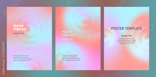 Set colorful abstract posters with gradient circles. Background template design with fluid spiral shapes and blurry colors. Multiple Swatches suggestions for easy Recolor Artwork.