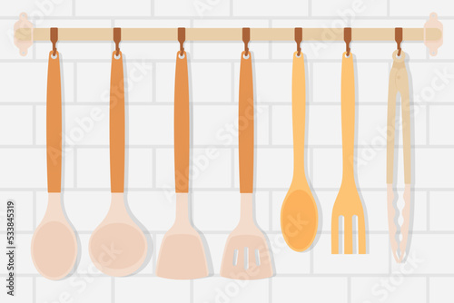 Kitchenware hanging on the wall.