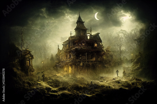 Digital art of a castle in a foggy Halloween night.