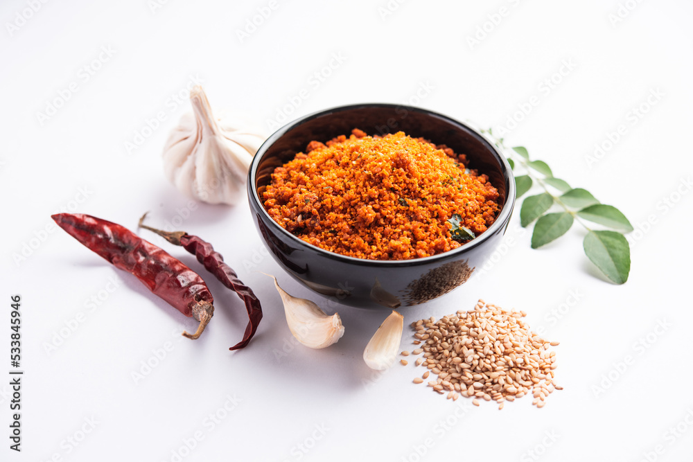 Sesame garlic chilli dry chutney powder, Til Lahsun chutney, Indian side dish or relish Sesame garlic chilli dry chutney powder, Til Lahsun chutney, Indian side dish or relish