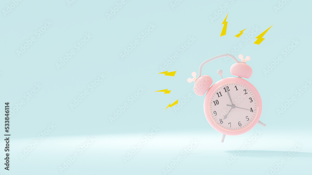 Pink alarm clock at eight o'clock in the morning time. Space for your