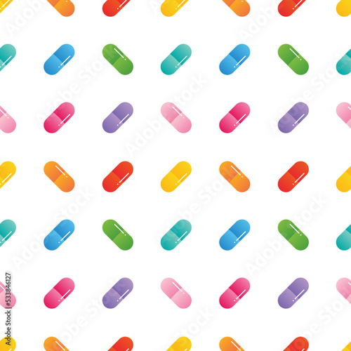 Cute colorful pills, medications, food supplements vector seamless pattern background for healthcare design.