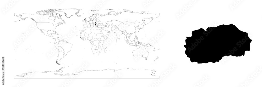 Vector North Macedonia map showing country location on world map and solid map for North Macedonia on white background. File is suitable for digital editing and prints of all sizes.