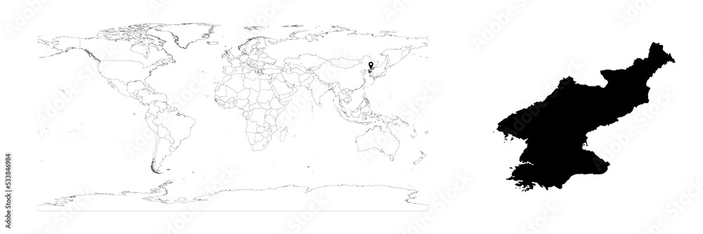 Vector North Korea map showing country location on world map and solid map for North Korea on white background. File is suitable for digital editing and prints of all sizes.