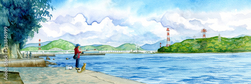 A young woman fishing in Seto Inland Sea area