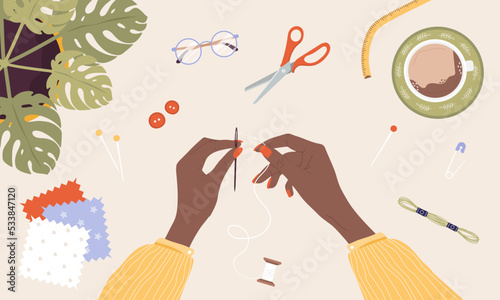 African female hands insert thread into needle. Woman create outfit. Top view. Needlework and hobbies. Handmade clothes. Fashion designer or dressmaker. Vector illustration in flat cartoon style.