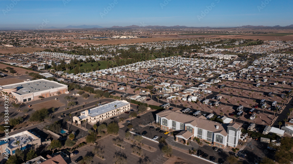Daytime aerial view of the downtown area of Casa Grande, Arizona, USA.