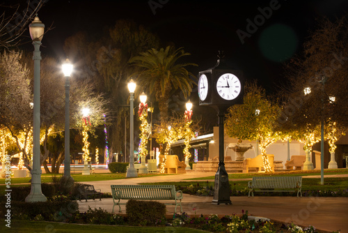 Night time view of the public city hall and plaza civic center of Casa Grande, Arizona, USA.