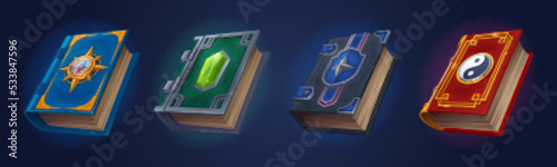 Magic books set isolated on background. Fantasy volumes with blue, green, black, red cover decorated with compass, gemstone, star, yin yang sign. Wisdom source. Cartoon game props vector illustration