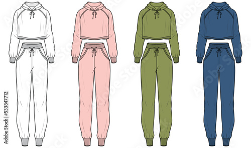 womens tracksuit set ladies plain crop top hoodie and jogging bottom technical drawing flat sketch vector illustration template. isolated on white background cad mockup. photo
