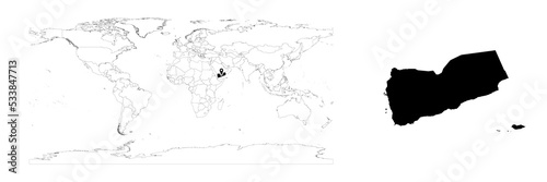 Vector Yemen map showing country location on world map and solid map for Yemen on white background. File is suitable for digital editing and prints of all sizes.