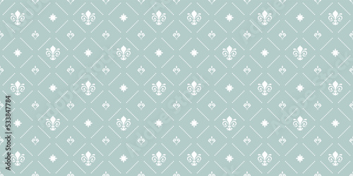 Seamless vector pattern. Modern geometric light blue and white ornament with royal lilies. Classic background