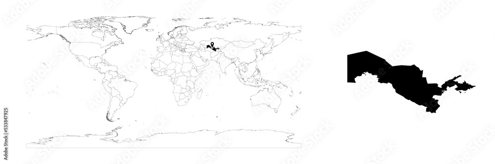 Vector Uzbekistan map showing country location on world map and solid map for Uzbekistan on white background. File is suitable for digital editing and prints of all sizes.