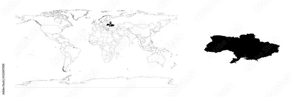 Vector Ukraine map showing country location on world map and solid map for Ukraine on white background. File is suitable for digital editing and prints of all sizes.