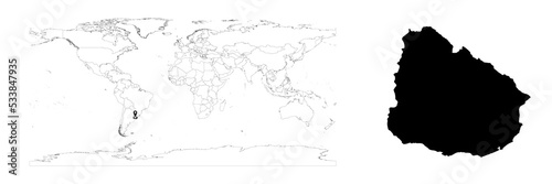 Vector Uruguay map showing country location on world map and solid map for Uruguay on white background. File is suitable for digital editing and prints of all sizes.