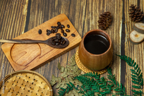 Aesthetic coffee picture with wooden background