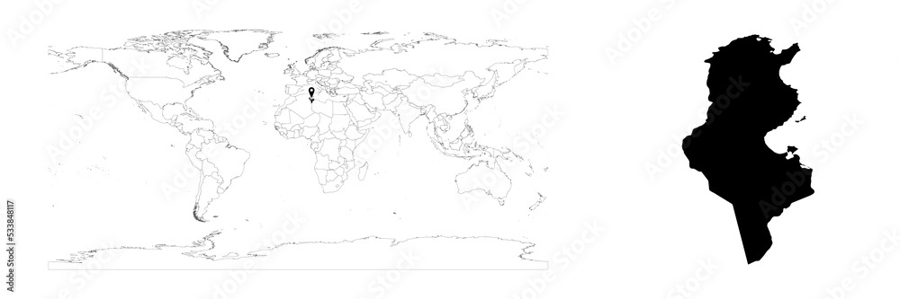 Vector Tunisia map showing country location on world map and solid map for Tunisia on white background. File is suitable for digital editing and prints of all sizes.