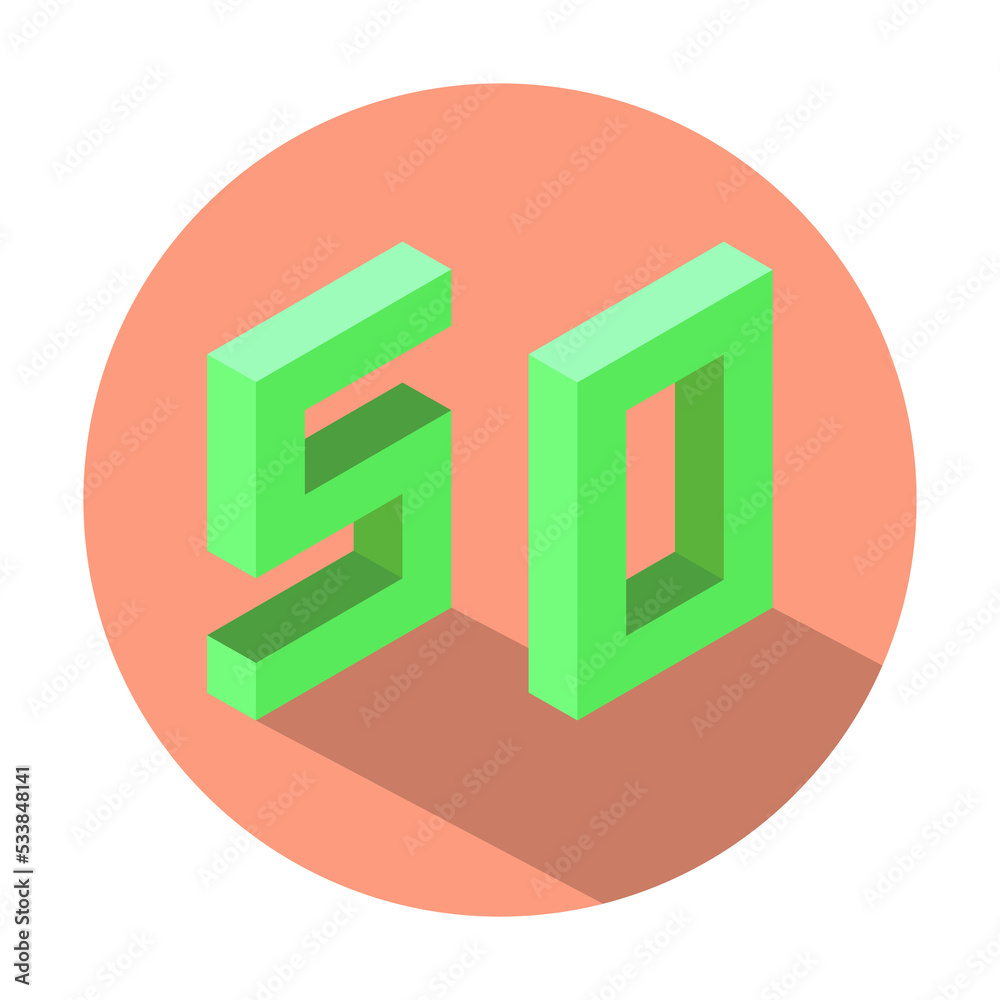 Isometric green number 50 with shadow in Light Salmon color circle Isometric green number 50 with shadow in Light Salmon color circle