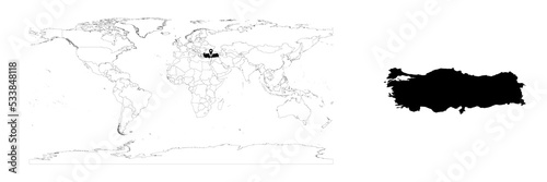 Vector Turkey map showing country location on world map and solid map for Turkey on white background. File is suitable for digital editing and prints of all sizes.