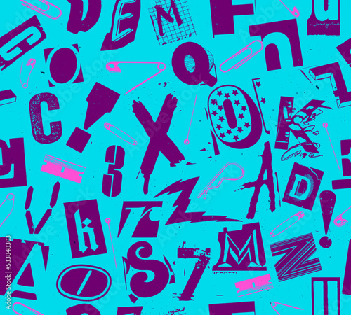 Punk seamless vector pattern alphabet typography composition with pins and clips in the style of grunge and punk design in purple color on azure background.