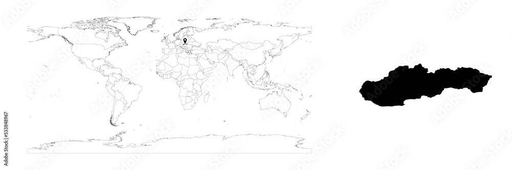 Vector Slovakia map showing country location on world map and solid map for Slovakia on white background. File is suitable for digital editing and prints of all sizes.