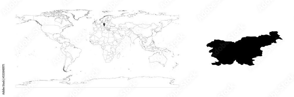 Vector Slovenia map showing country location on world map and solid map for Slovenia on white background. File is suitable for digital editing and prints of all sizes.