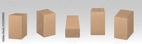 Box mockup, craft eco package, brown square carton parcel container front, side, angle view. Closed cardboard packaging for goods, isolated distribution blank packs, Realistic 3d vector mock up set
