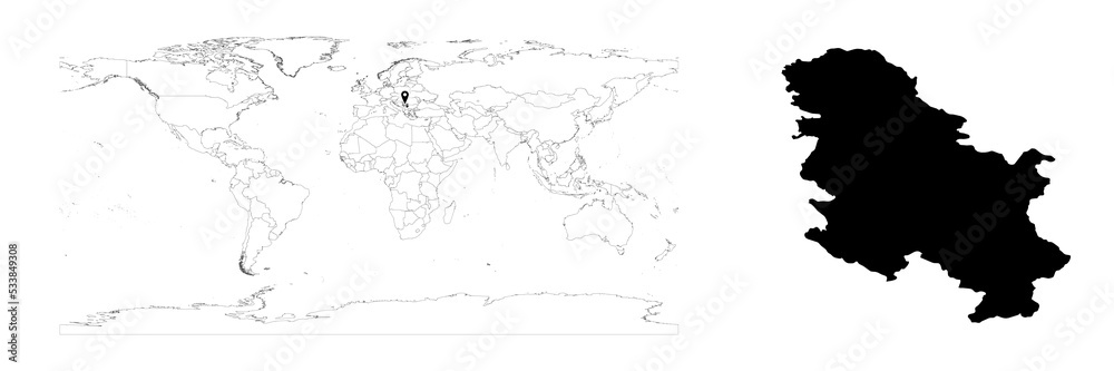 Vector Serbia map showing country location on world map and solid map for Serbia on white background. File is suitable for digital editing and prints of all sizes.