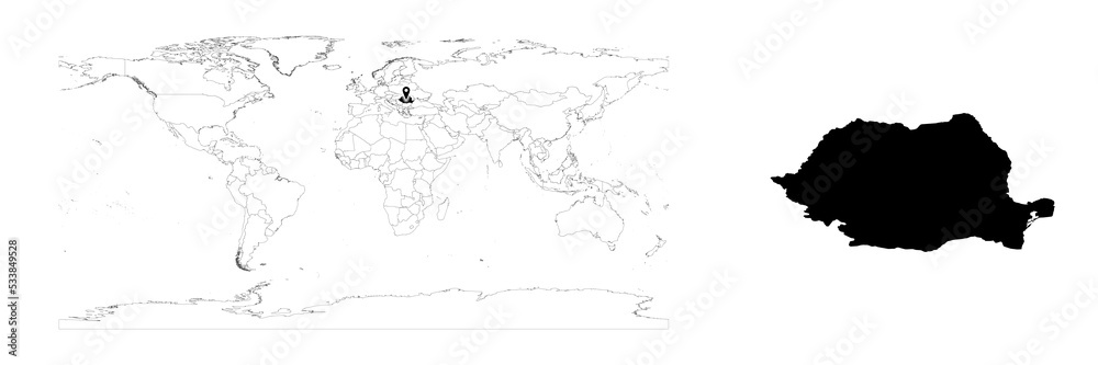 Vector Romania map showing country location on world map and solid map for Romania on white background. File is suitable for digital editing and prints of all sizes.
