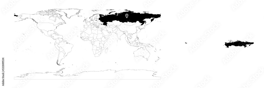 Vector Russia map showing country location on world map and solid map for Russia on white background. File is suitable for digital editing and prints of all sizes.