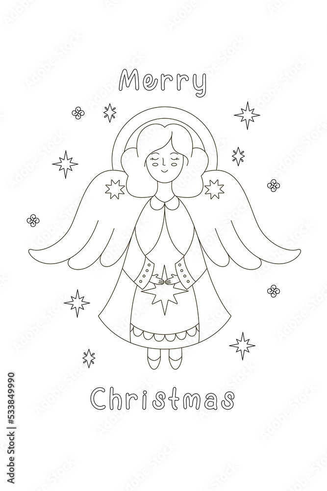 Obraz premium Christian Christmas page with christmas angel for children and adults. Black and white linear vector illustration with an angel holding a Christmas star in his hands. Expanded stroke. 