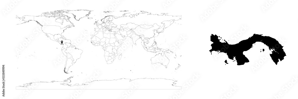 Vector Panama map showing country location on world map and solid map for Panama on white background. File is suitable for digital editing and prints of all sizes.