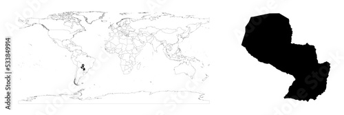 Vector Paraguay map showing country location on world map and solid map for Paraguay on white background. File is suitable for digital editing and prints of all sizes.