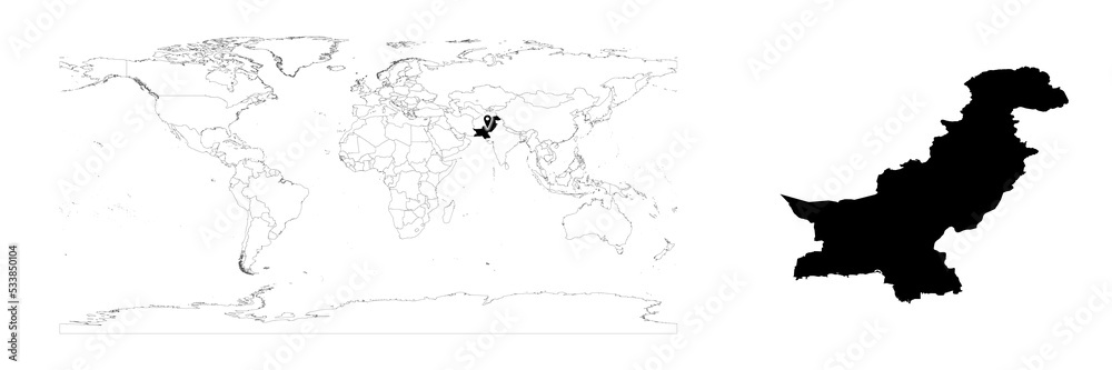 Vector Pakistan map showing country location on world map and solid map for Pakistan on white background. File is suitable for digital editing and prints of all sizes.