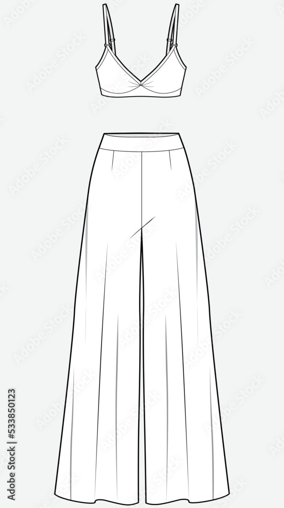 womens palazzo pant and bra top fashion flat sketch vector illustration. womens palazzo pant and bra top fashion flat sketch vector illustration.