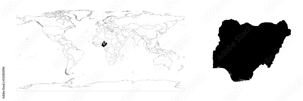 Vector Nigeria map showing country location on world map and solid map for Nigeria on white background. File is suitable for digital editing and prints of all sizes.