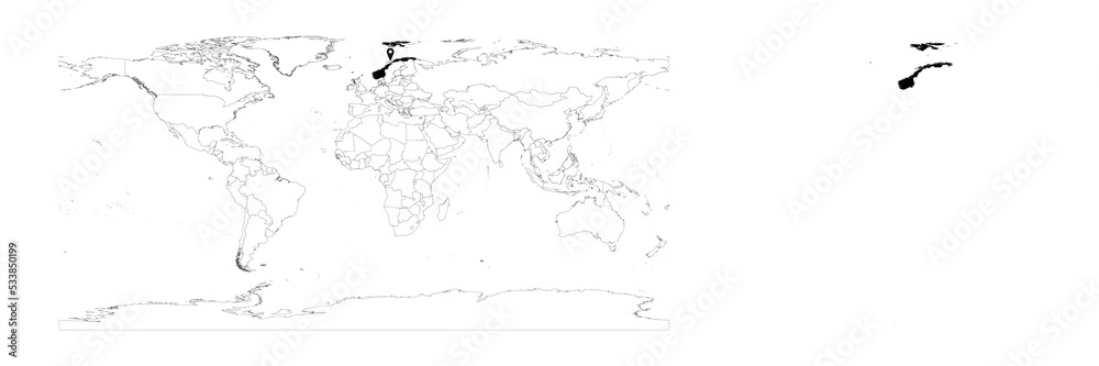 Vector Norway map showing country location on world map and solid map for Norway on white background. File is suitable for digital editing and prints of all sizes.