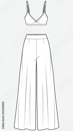 womens palazzo pant and bra top fashion flat sketch vector illustration.