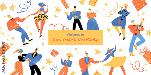 New Year party invitation banner with funny characters dancing and drinking sparkling wine, gifts and decorations.