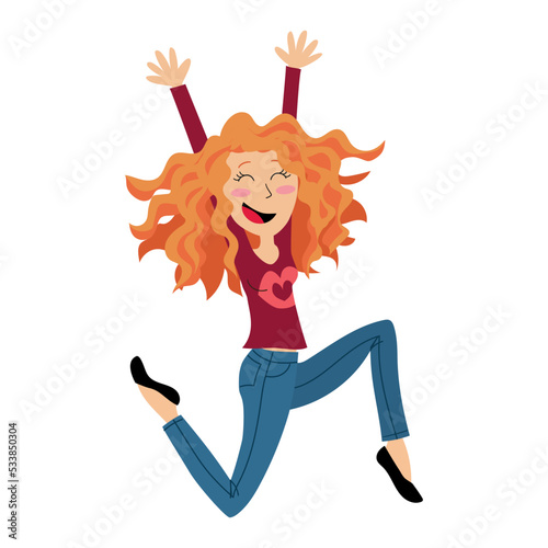 Happy red haired girl jumping with a big laugh, vector illustration