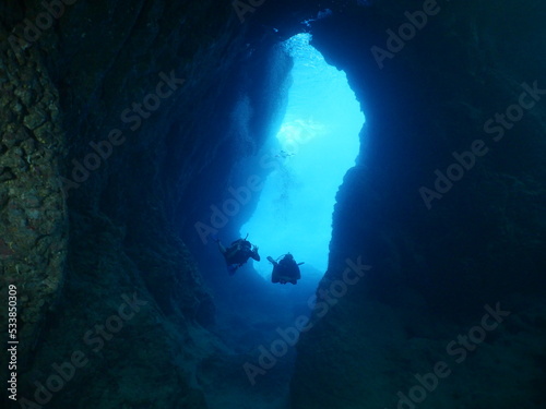 exploring and enjoying the caves underwater cave dive blue background