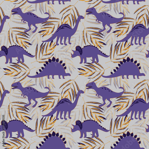 Seamless pattern with dinosaurs. Lilac dinosaurs with yellow palm leaves on a gray background.